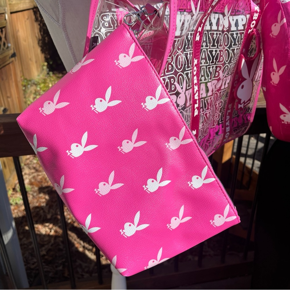 Playboy Travel Tote PINK Signature Logo Clear Thick PVC Vinyl 4 Piece Set NWT - Picture 10 of 14